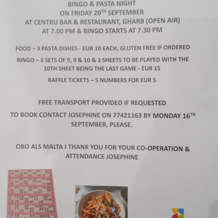 Fundraising For ALS Malta – Bingo & Pasta Night